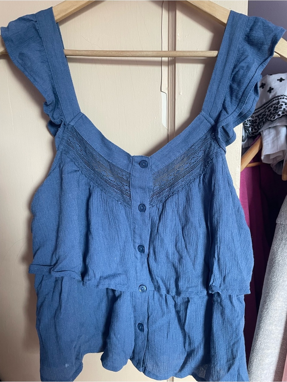 American Age Dusty Blue Ruffle Button-Front Tank